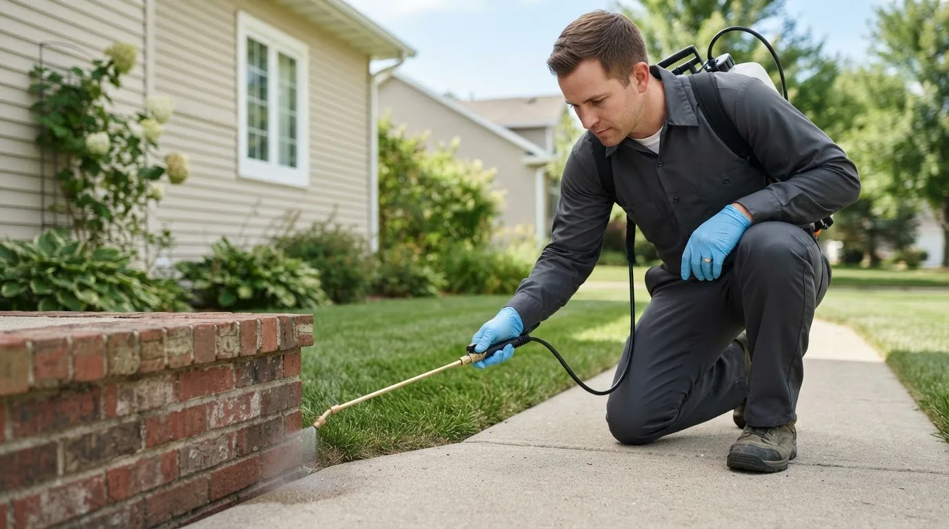 Pest control technician treating a home near Erwinna, PA